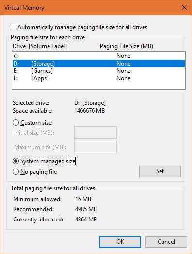 Storage auto manage page file