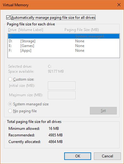 Uncheck Auto Manage Paging File Size for All Drives